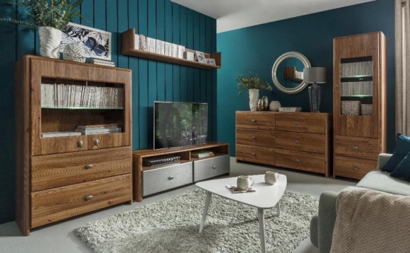 Meble Leda w kolorze drewna i srebra