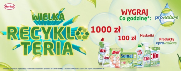 Trwa ogólnopolska Wielka Recykloteria Pro Nature firmy Henkel! Dom, LIFESTYLE - Firma Henkel rozpoczęła szeroko zakrojoną kampanię promocyjną produktów z linii Pro Nature, których opakowania pochodzą nawet w 100% z recyklingu. Od 1 października do 30 listopada będzie można wziąć udział w ogólnopolskiej Wielkiej Recykloterii z atrakcyjnymi nagrodami.